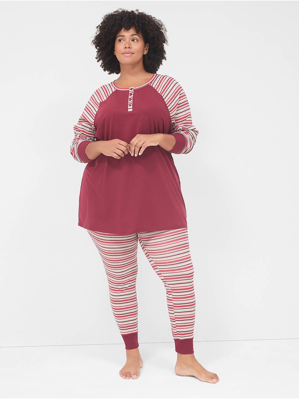 Sleep By Cacique Comfy Cotton Tunic Henley & Legging PJ Set | Striped | 34/36